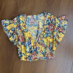 BP Yellow Floral Wrap Cropped Blouse with Ruffle Sleeves